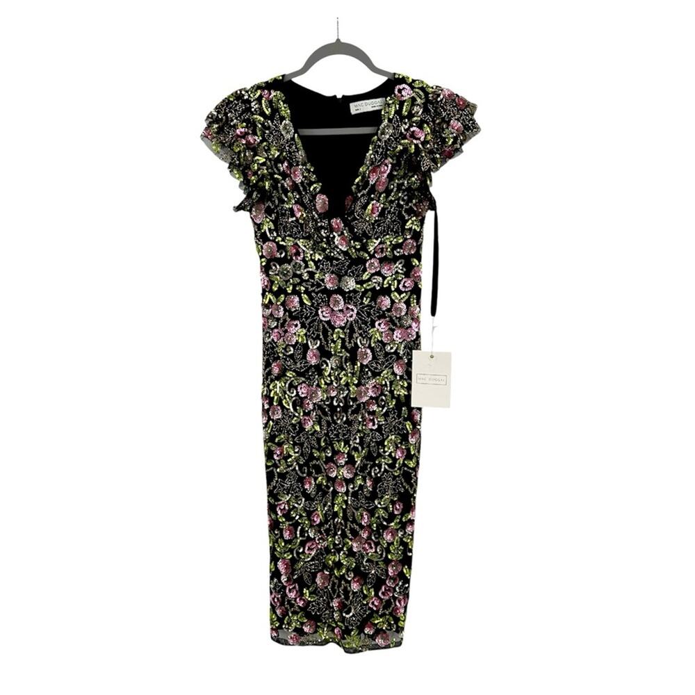 Mac Duggal Black Floral Embellished Flutter Cap Sleeve Dress Size 2 - Picture 3 of 12